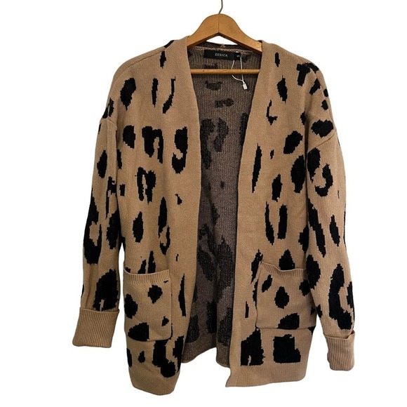 Zesica Brown Black Animal Print Open Front Cardigan S - Picture 1 of 7